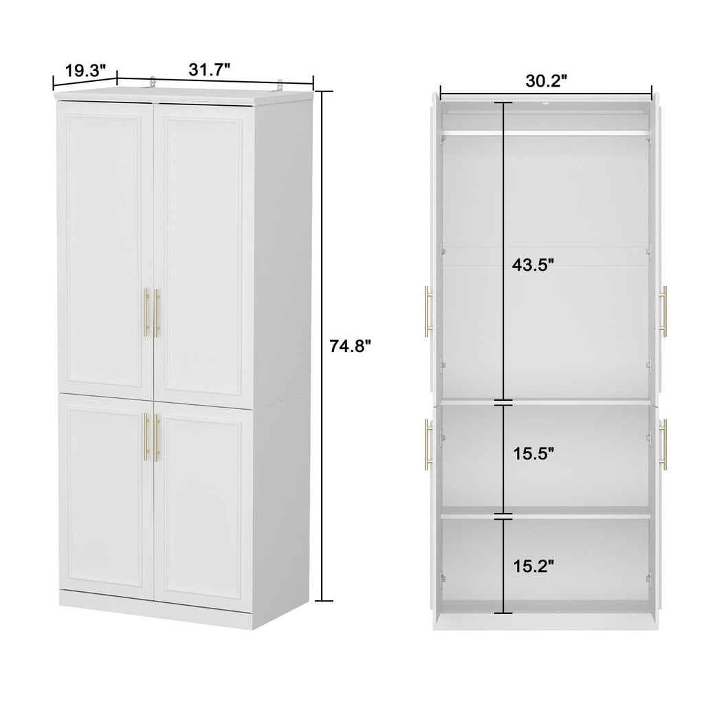 Wardrobe Closet with 4 Doors, Modern White Bedroom Armoire