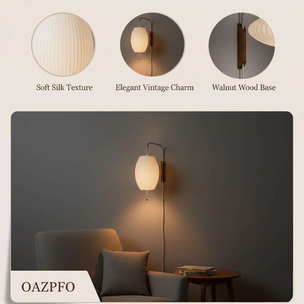 Modern Minimalist Swing Arm Bedside Wall Light with White Oval Silk Fabric Shade Wood Plug in Wall Sconce Wabi Sbai