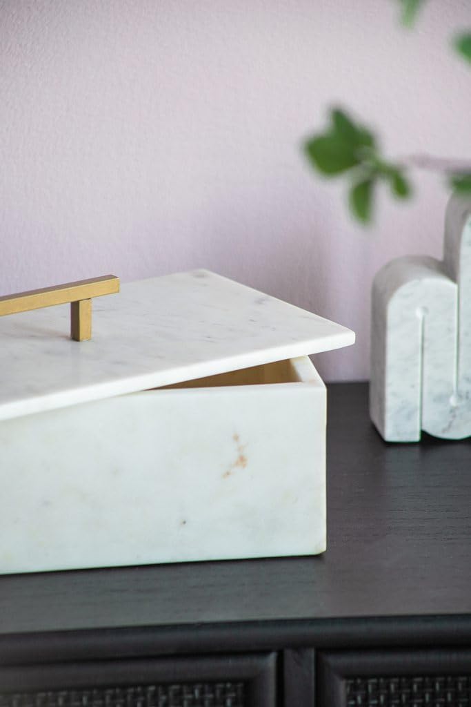 White Marble Rectangular Storage Box with Brass Handle, Contemporary Accent Box, Removable Lid, 14.5' x 7'