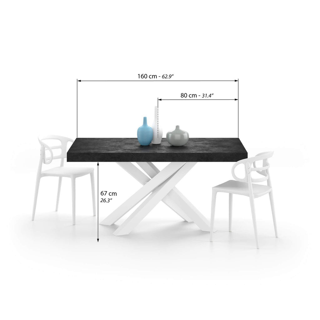 Emma 63(94.5) x35.4 in, Extendable Dining Table, Concrete Effect, Black with White Crossed Legs, Made in Italy