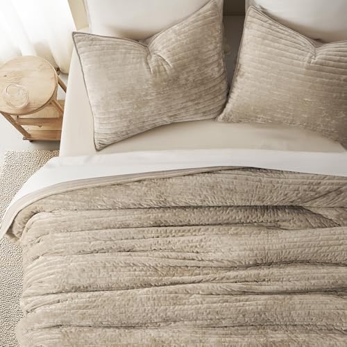 Stripe Channel Velvet Quilt Set, Beige Taupe – Luxury Plush Bedspread Coverlet with 2 Shams