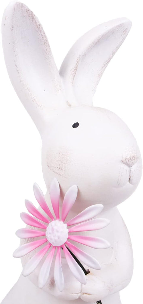 Spring Easter Decorations, 13.2" Distressed Resin Easter Bunny with Pink Flower, Easter Gifts, Farmhouse Decorative