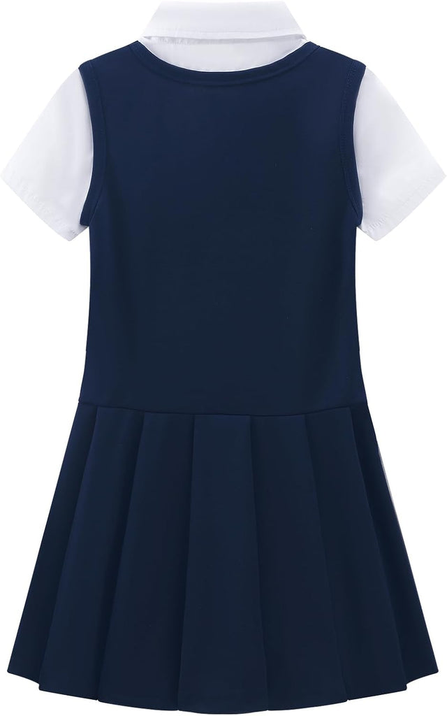 Girls 2 in 1 School Uniform Dress Short Sleeve Pleated Jumper Button Down Shirts Dresses