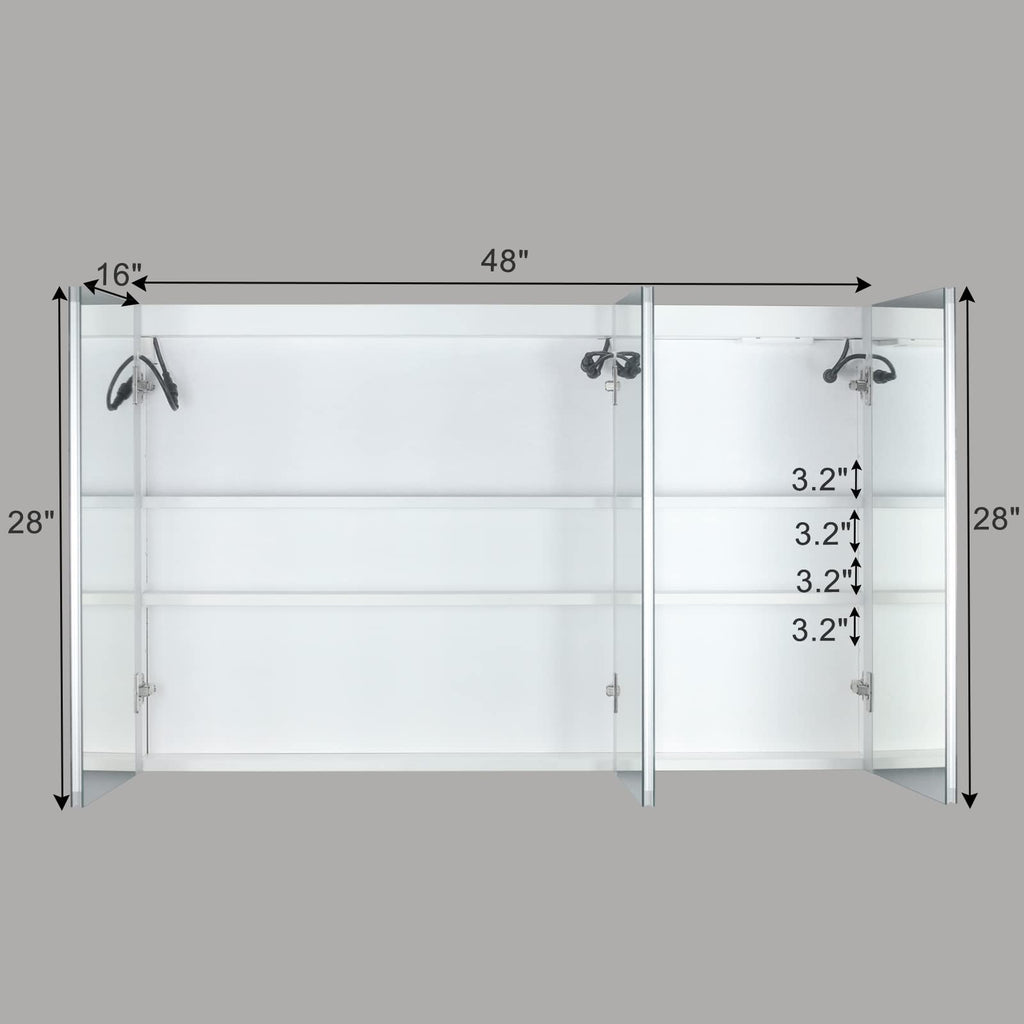 White 3‐Door Bathroom Medicine Cabinet with LED Mirror