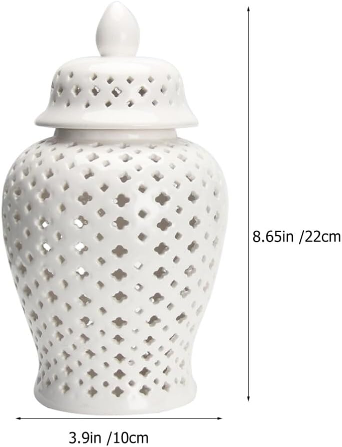 Ginger Jar Traditional Pierced Ginger Jar with Lid Ceramic Flower Vase Carved Lattice Decorative Temple Jar White