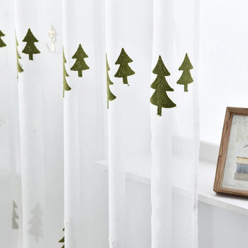 Christmas Sheer Window Curtain Panels Off White Ivory with Sage Moss Green Pine Leaf Embroidery Farmhouse Nordic