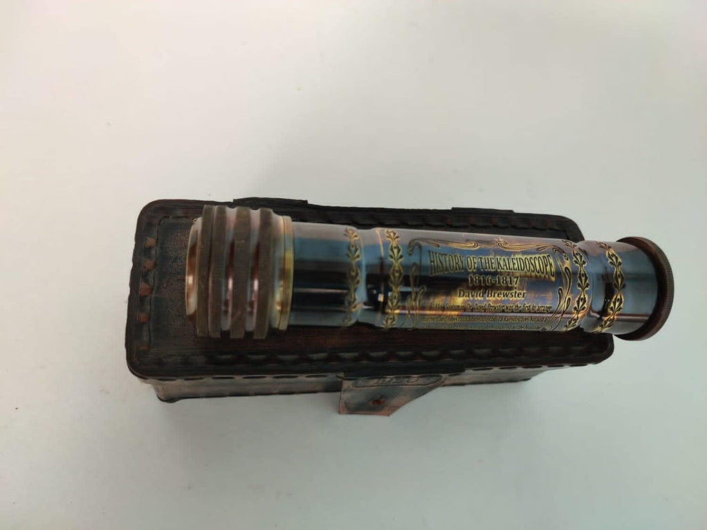 Vintage Kaleidoscope with Leather Box Antique Kaleidoscope Handmade Brass Kaleidoscope with Wooden Box - Vintage Look