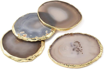 Natural Agate Coasters Bar Beer Coffee Tea Coaster,White Agate Slices Cup Mat with Gold Plated Edge Decor () - Set of 4