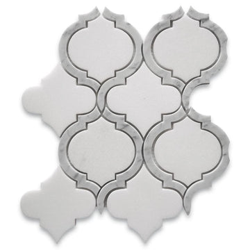 Thassos White Marble Waterjet Arabesque Baroque Grand Lantern Mosaic Tile w/Carrara White Outline Honed Kitchen Bath