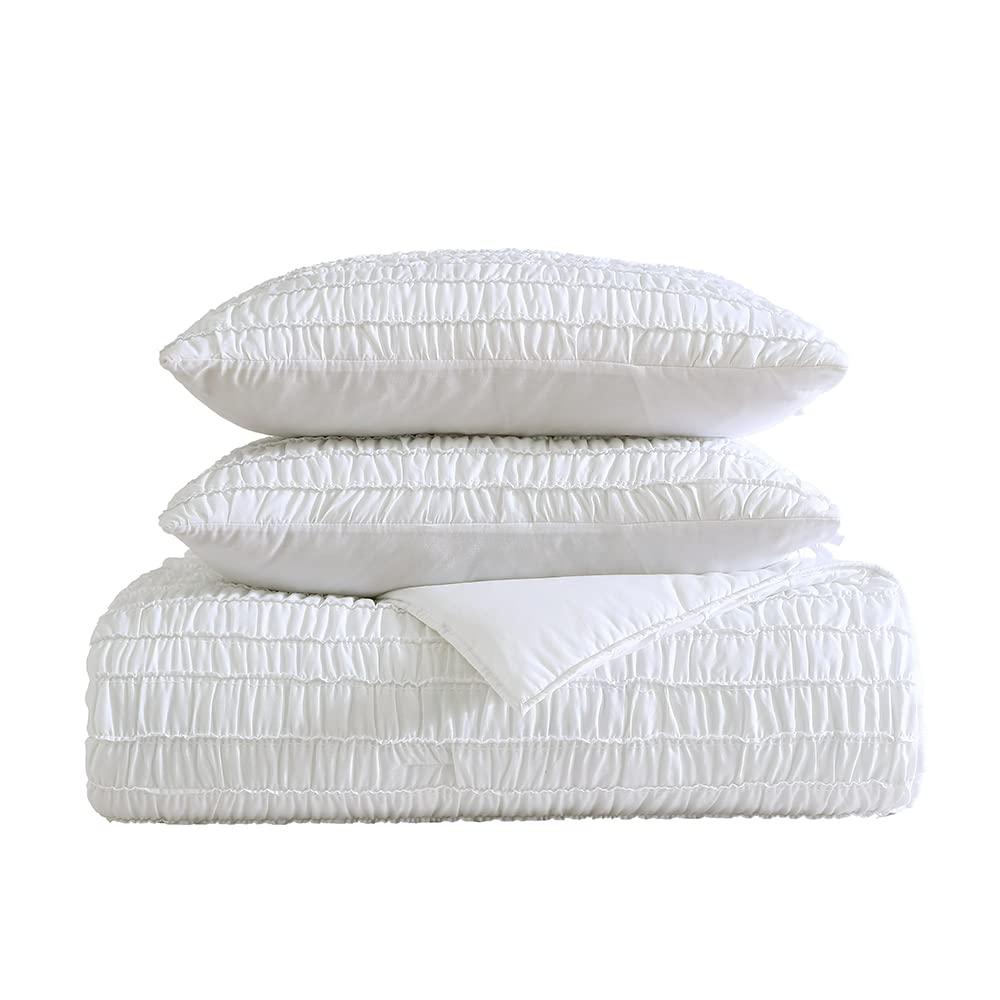Quilt Set, Reversible Cotton Bedding with Matching Shams, Beautifully Ruched Home Decor for All Seasons (Seren