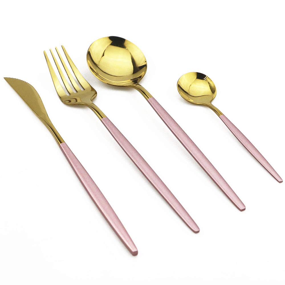 24-Piece Flatware Set, 18/0 Stainless Steel Knife Fork Spoon Teaspoon Silverware Set, Service for 6, Pink Handle Gold