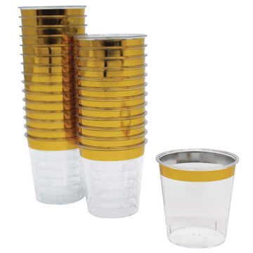 1oz Plastic Shot Glasses (120pcs, Metallic Gold Rim)