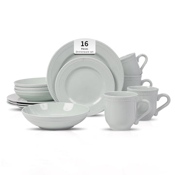 16-Piece Pearl Dots Stoneware Dinnerware Set, Teal, Service for 4