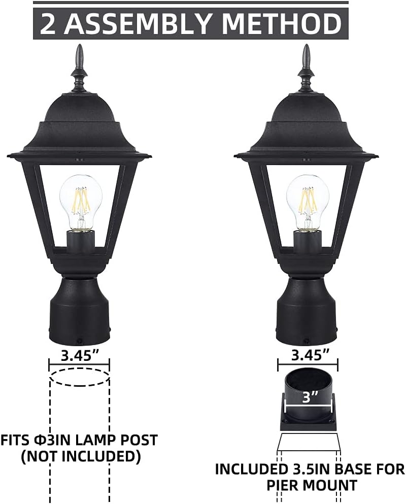 Outdoor Post Light,Waterproof Cast Aluminium Lamp Post Light Fixture,Post Lantern with Pier Mount Base,Matte Black