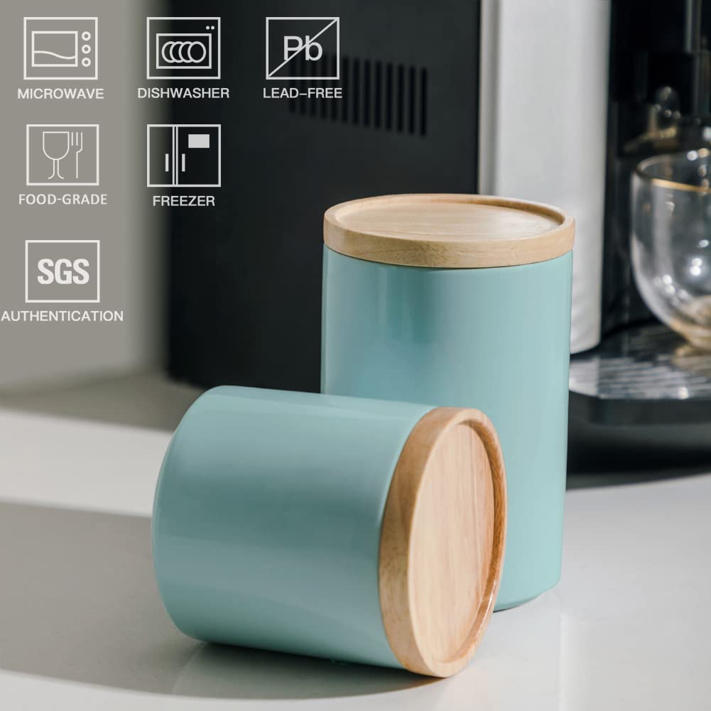 Kitchen Canisters Ceramic Food Storage Jar, Stackable Containers with Airtight Seal Wooden Lid for Serving Ground