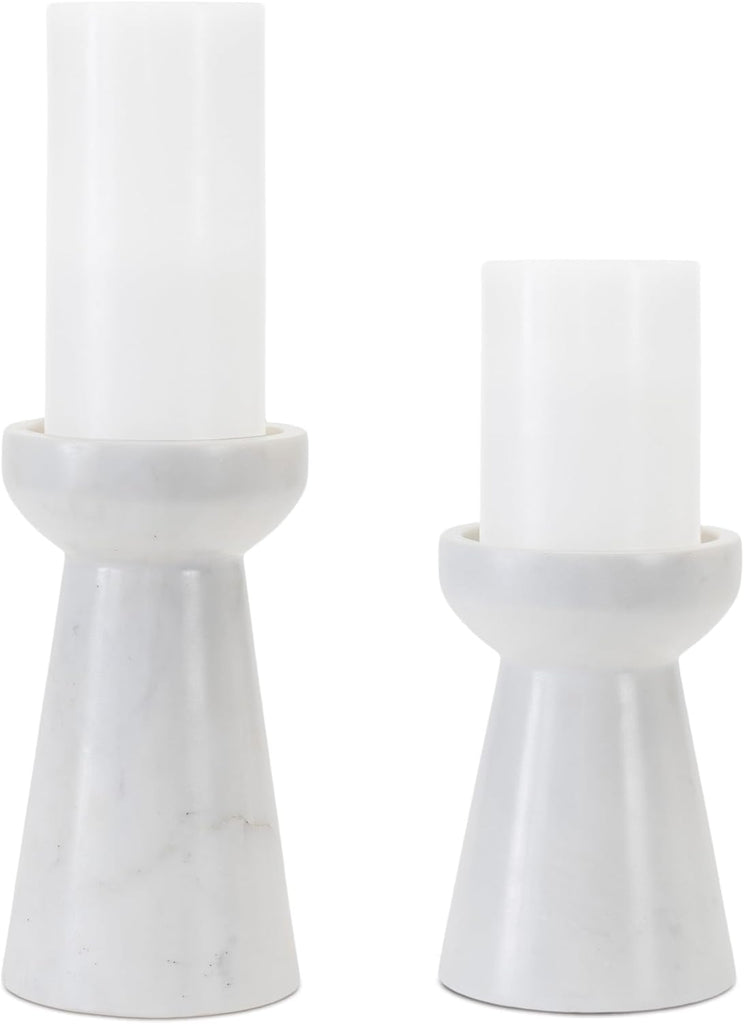 Set of Two White and Gray Marble Tabletop Pillar Candle Holders
