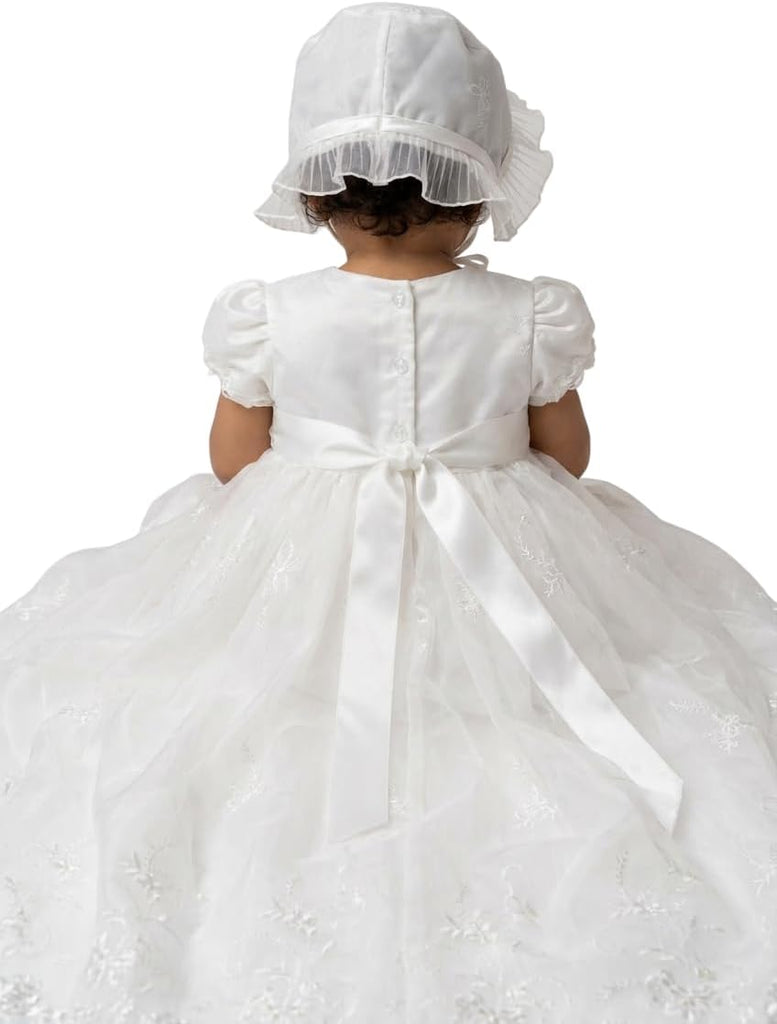 Baby Girls Ivory Baptism Gown & Bonnet Set Traditional Style Christening Outfit