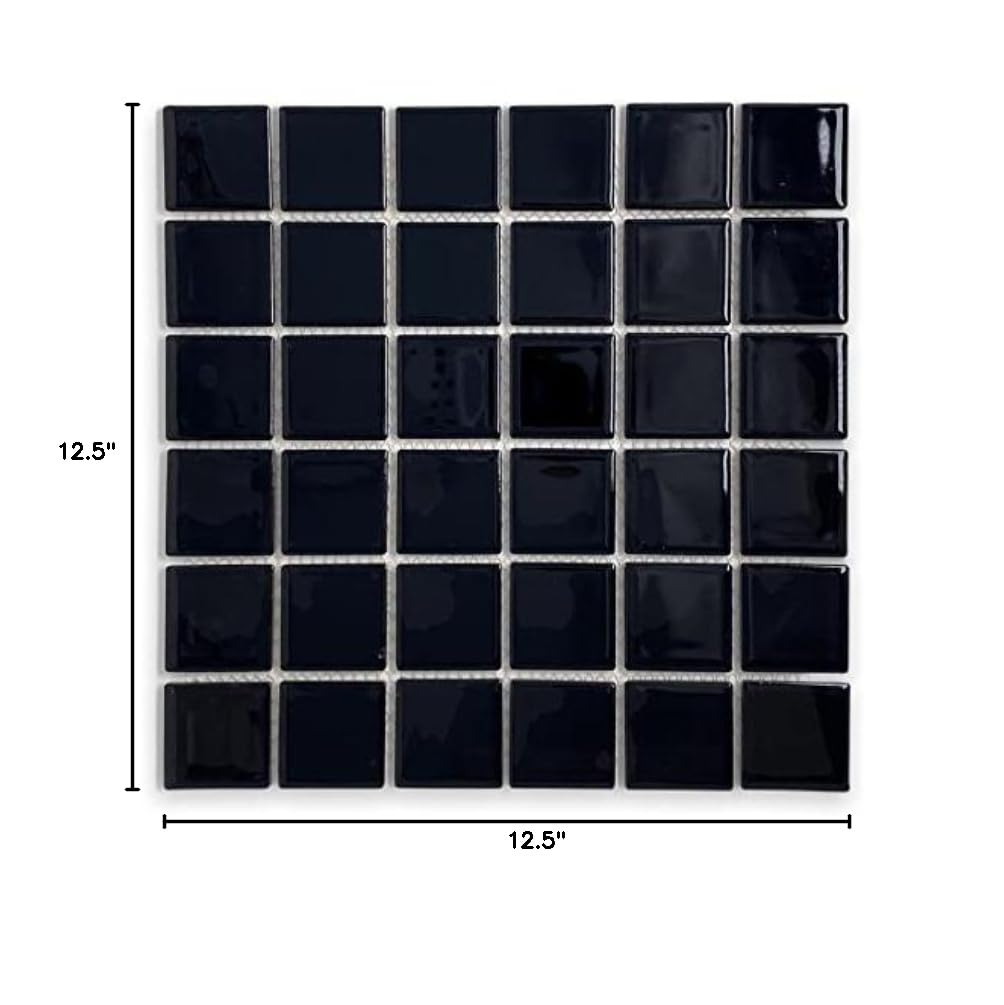 2-Inch Black Porcelain Square Mosaic Tile, Glossy Shiny Finish, Exact 1-15/16 in., Mesh-Mounted 12x12 Sheet