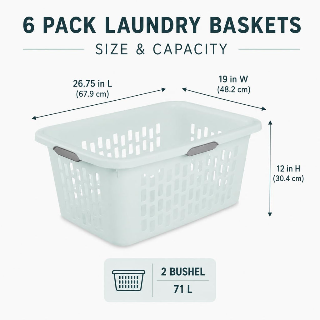 Laundry Basket 2 Bushel Plastic with 4 Handles 6 Pack Mint