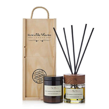 Natural Reed Diffuser & Candle Gift Set Encased in Signature Hand Crafted Wooden Box (Sweet Orange & Atlas Cedar Wood)