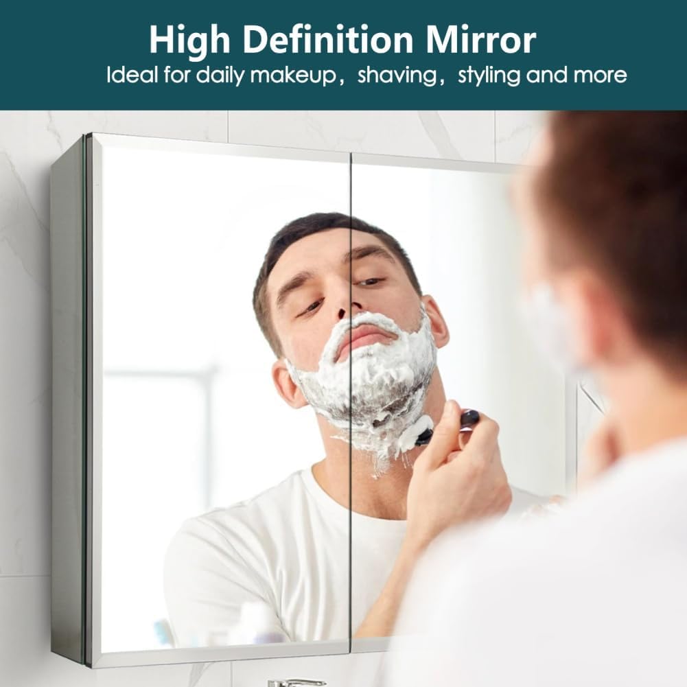 Double Doors Medicine Cabinet with Mirror, 30 inch X 26 inch Aluminum Bathroom Medicine Cabinet, Adjustable Glass