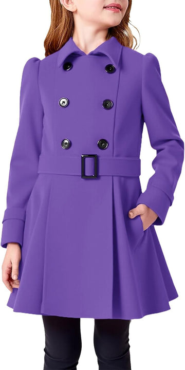 Girls Double Breasted Pea Coat Kids Winter Lapel Belted Wool Blend Coat Outerwear