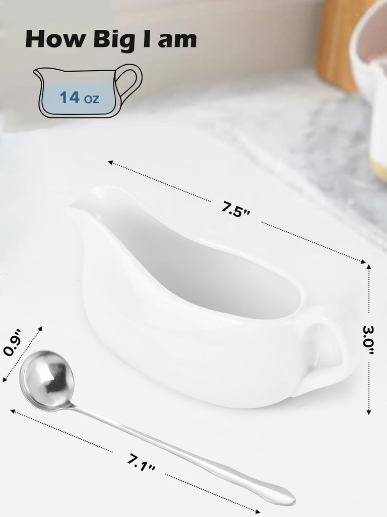 Gravy Boat with Spoon, Ceramic Sauce Serving Dish, Easy-Pour Big Dripless Lip Spout Serveware Set For Salad Cream