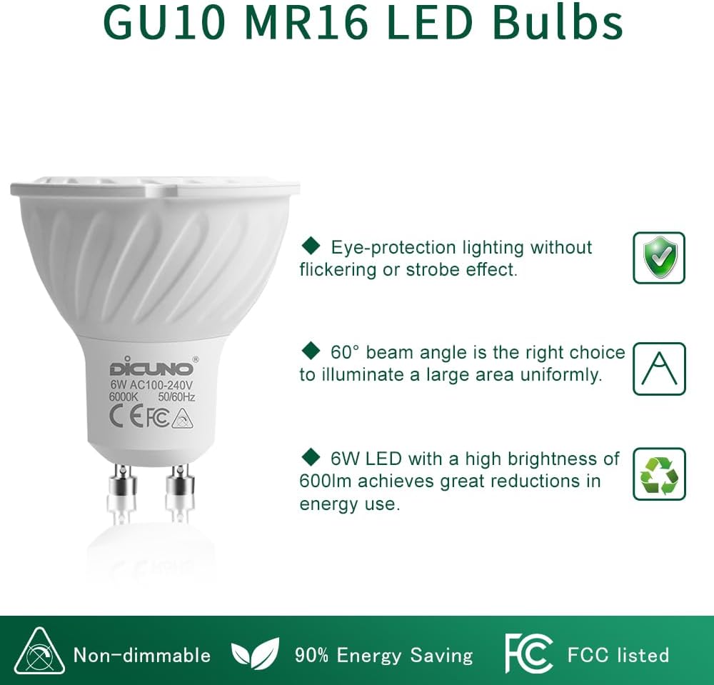 GU10 LED Bulb, 60W Equivalent, 600LM, Daylight White 6000K, 10-Pack