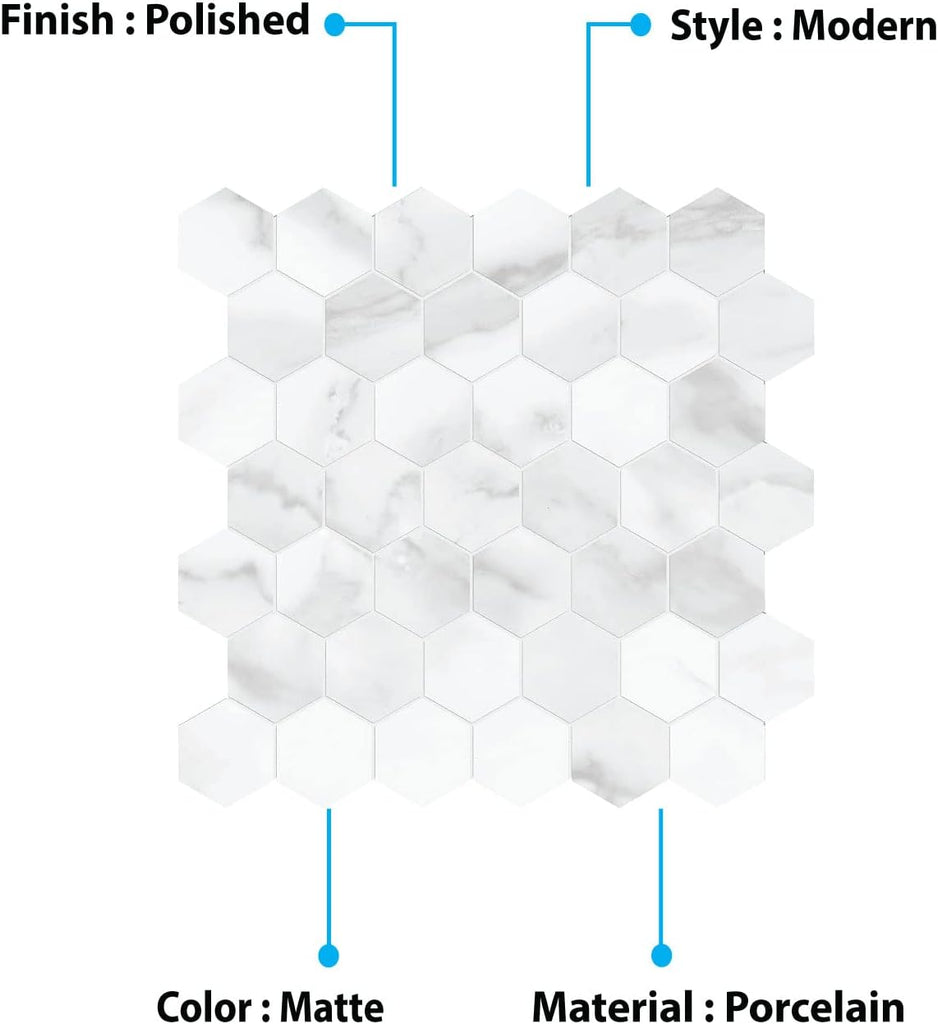 BuildMyplace 2-Inch Plata Statuario Brina Hexagon Matte Glazed Porcelain Mosaic Floor and Wall Tile, 10 Pieces