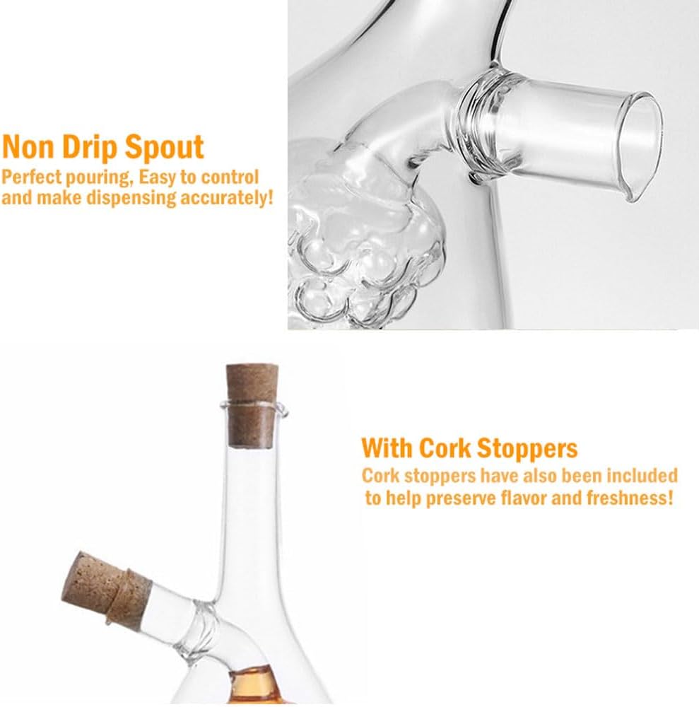 Oil and Vinegar Dispenser, 2 in 1 Glass Olive Oil and Vinegar Cruet Dispenser Bottle, Kitchen Olive Soy Sauce