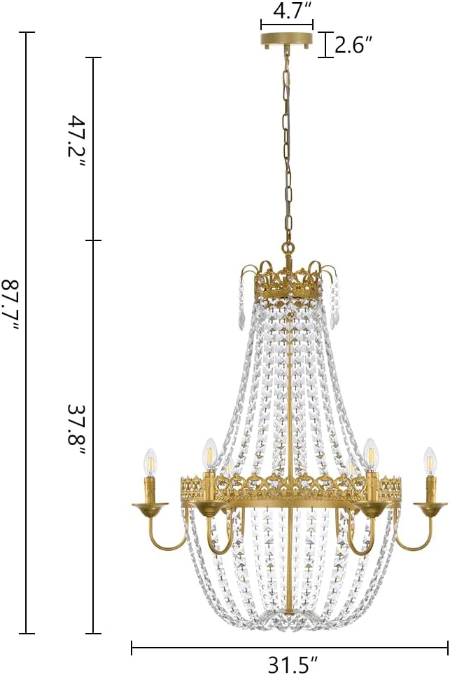 French Empire Crystal Chandelier Modern Adjustable Hanging Pendant Ceiling Mount Light Fixture for Hallway Dining Living Room Bedroom Foyer, H 38.2" x W 31.5", Gold, 6-Light, E12 Base A108-B0B8M347GN
