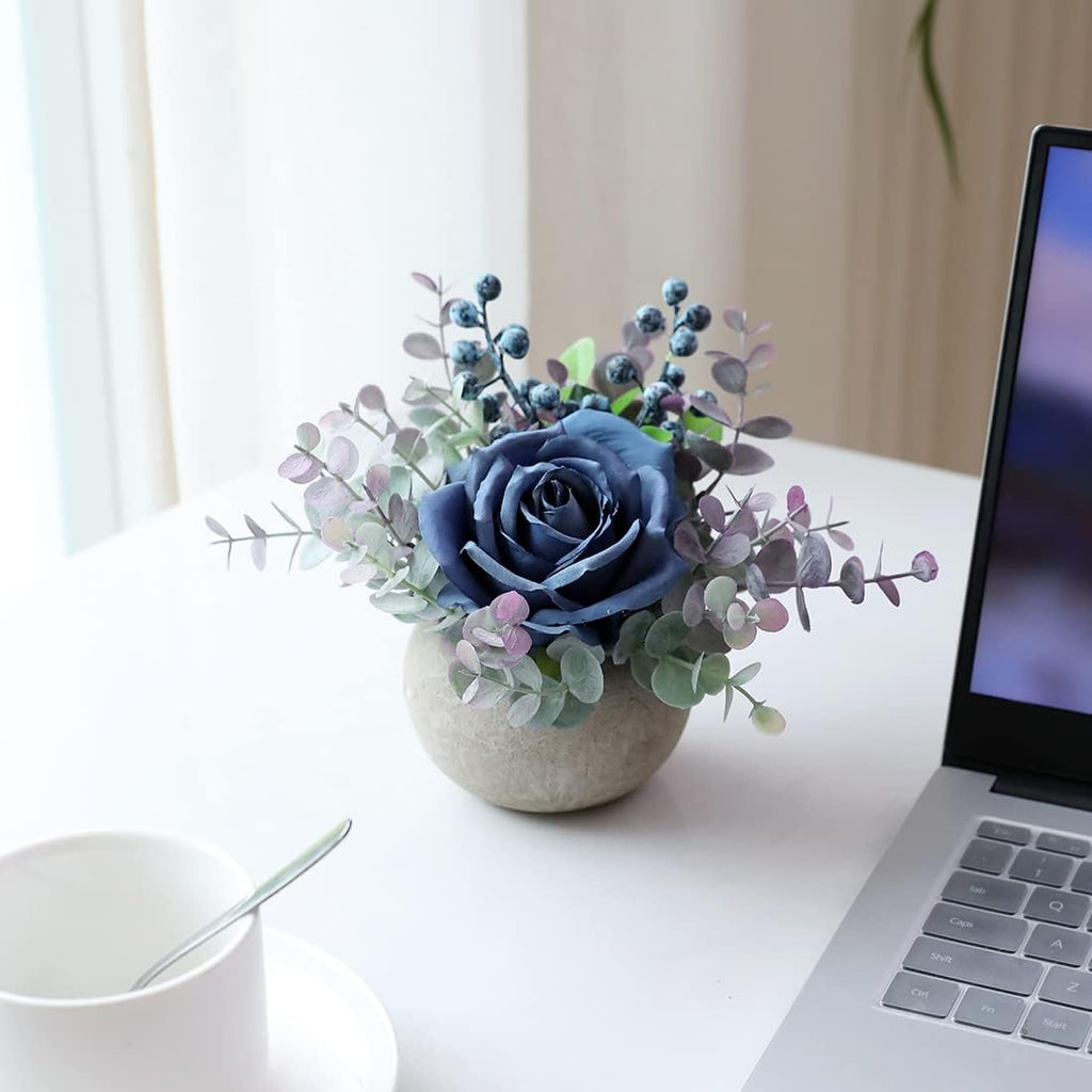 Small Artificial Blue Rose Potted Plant, Mini Faux Floral Decor