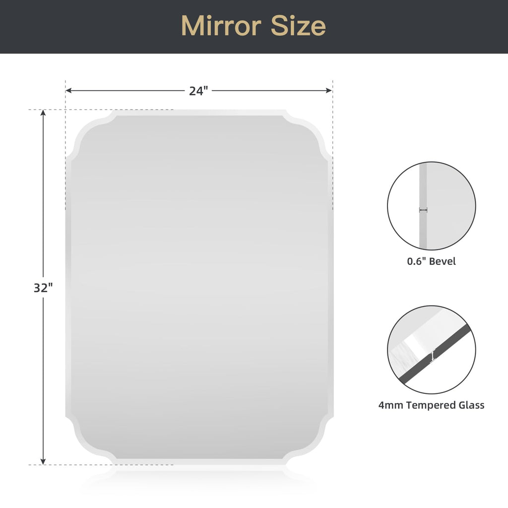 Beveled Frameless Bathroom Mirror with Scalloped Edges, 24" x 32" Rectangle Beveled Mirrors, Vanity Bathroom Mirror