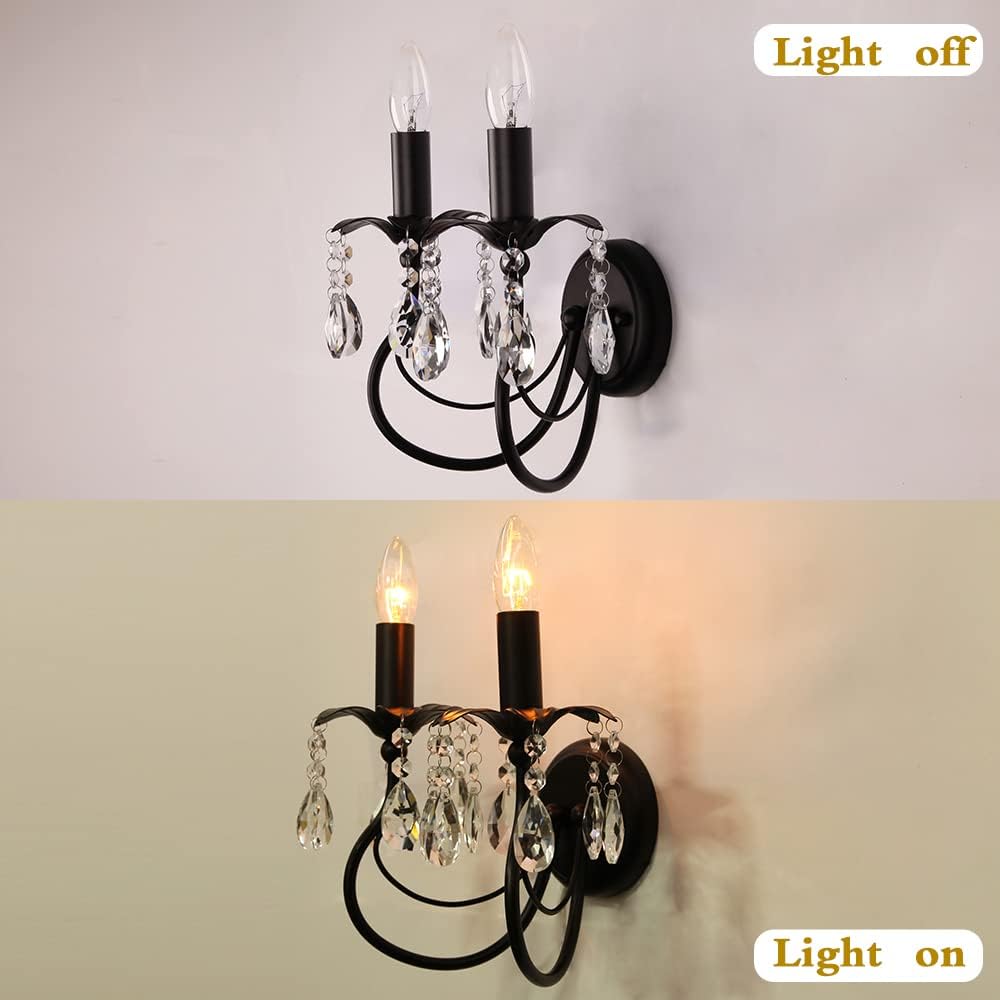 2-Light Vintage Crystal Wall Sconce, Antique Wall Lights with Black Finish for Bedroom Bedside Living Room, Victorian