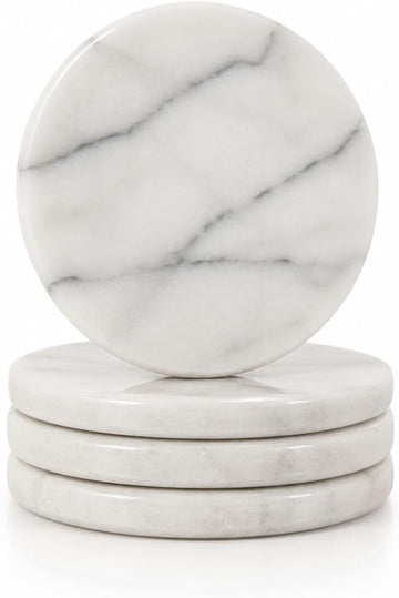 Genuine Marble Drink Coasters, 4-Inch Round Heat-Resistant Stone Coasters with Non-Slip EVA Backing - Set of 4