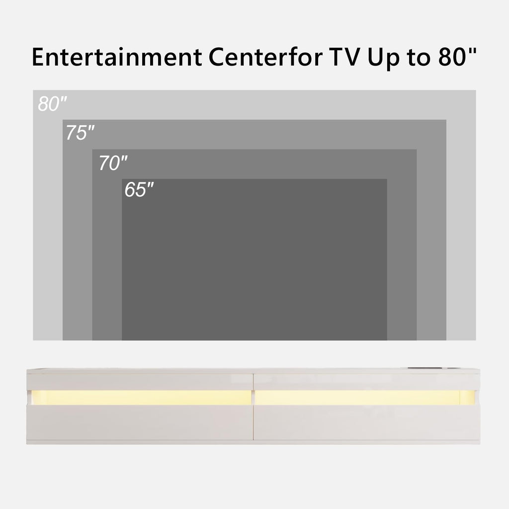 71" Floating TV Stand Wall Mounted, Solid Wood Entertainment Center with LED Lighting & Power Outlet, High-Gloss