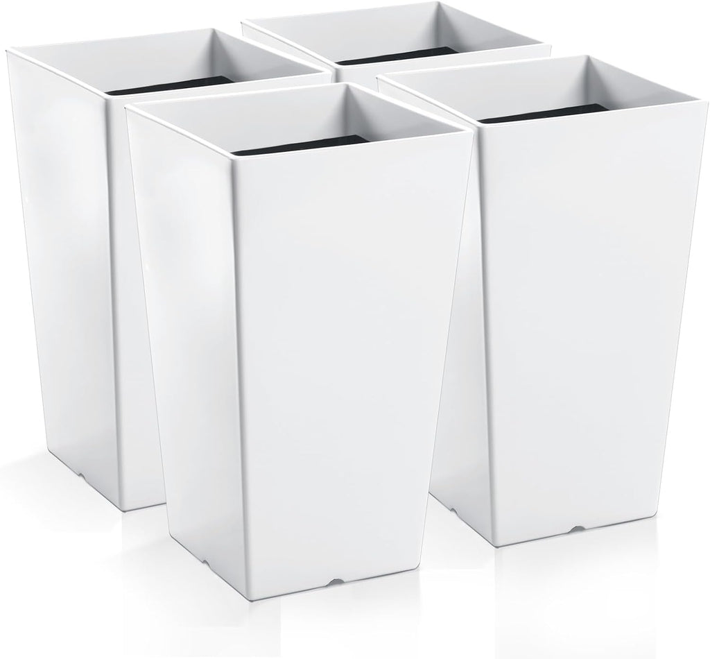 Set of 4 Tall Outdoor Planters 21 Inch Tall Tapered Square Planter with Drainage Hole Large Flower Tree Resin Flower