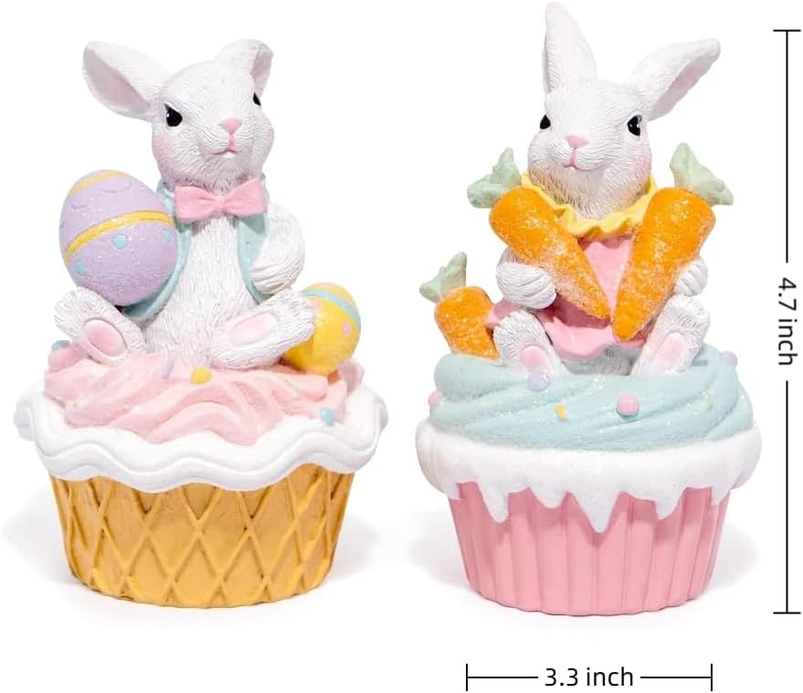 Easter Bunny Cupcake Figurines with Carrots and Eggs - Cute Spring Tabletop Decor for Easter Celebration, Decorations - Set of 2