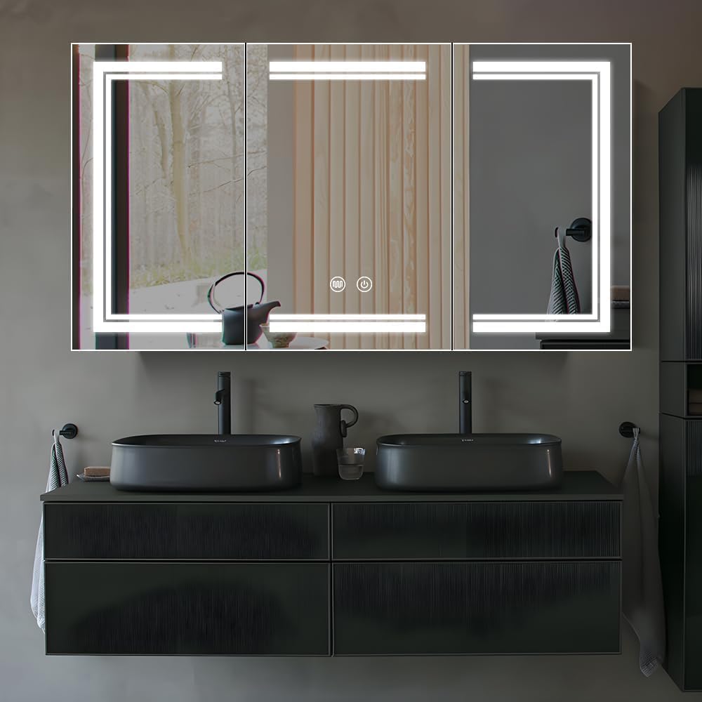 High-End Led Medicine Cabinet, Lighted Medicine Cabinet, 3 Colors&Dimmable, Demister, Lighted Glass Shelf, USB Shaver