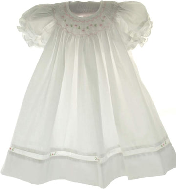 Girls White Dress with Bonnet Pink Smocking Dedication Outfit