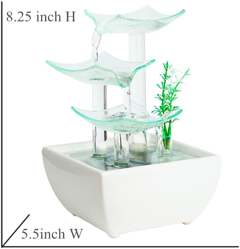 Ceramic and Glass Tabletop Fountain and Home Decoration Table Desk Office Patio White
