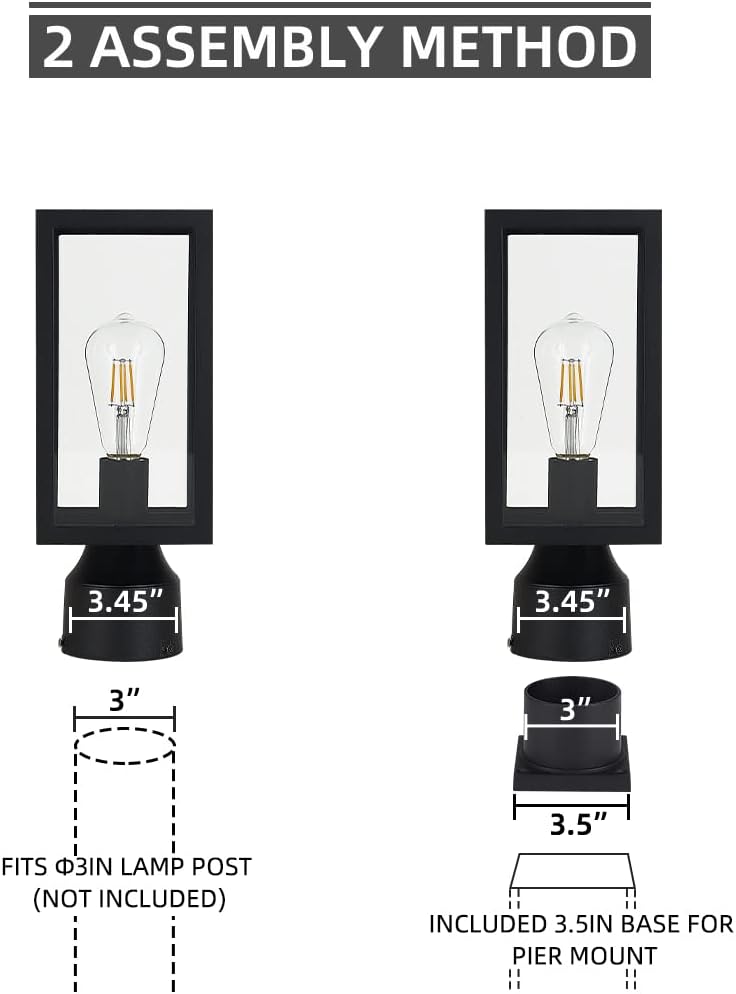 Outdoor Post Light,Waterproof Cast Aluminium Lamp Post Light Fixture,Post Lantern with Pier Mount Base,Matte Black