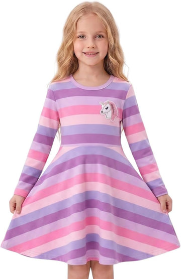 Girls Twirl Dress with Flare Hem - Colorblock Design Casual Dresses for Kids