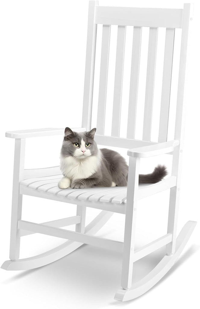 Outdoor Rocking Chair, Solid Wood High Back Porch Rocker, White | All-Weather Lounge Design Supports Patio, Fire Pit