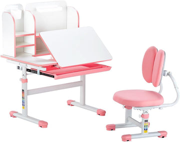 Kids Study Chair and Desk Set, Study Desk and Chair for Kids with Bookshelf & Storage Drawer, Adjustable Height &