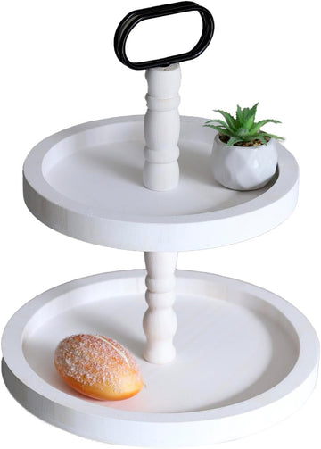 Rustic 2 Tiered Tray Decor, Coffee Color, Wooden Material, Round Shape
