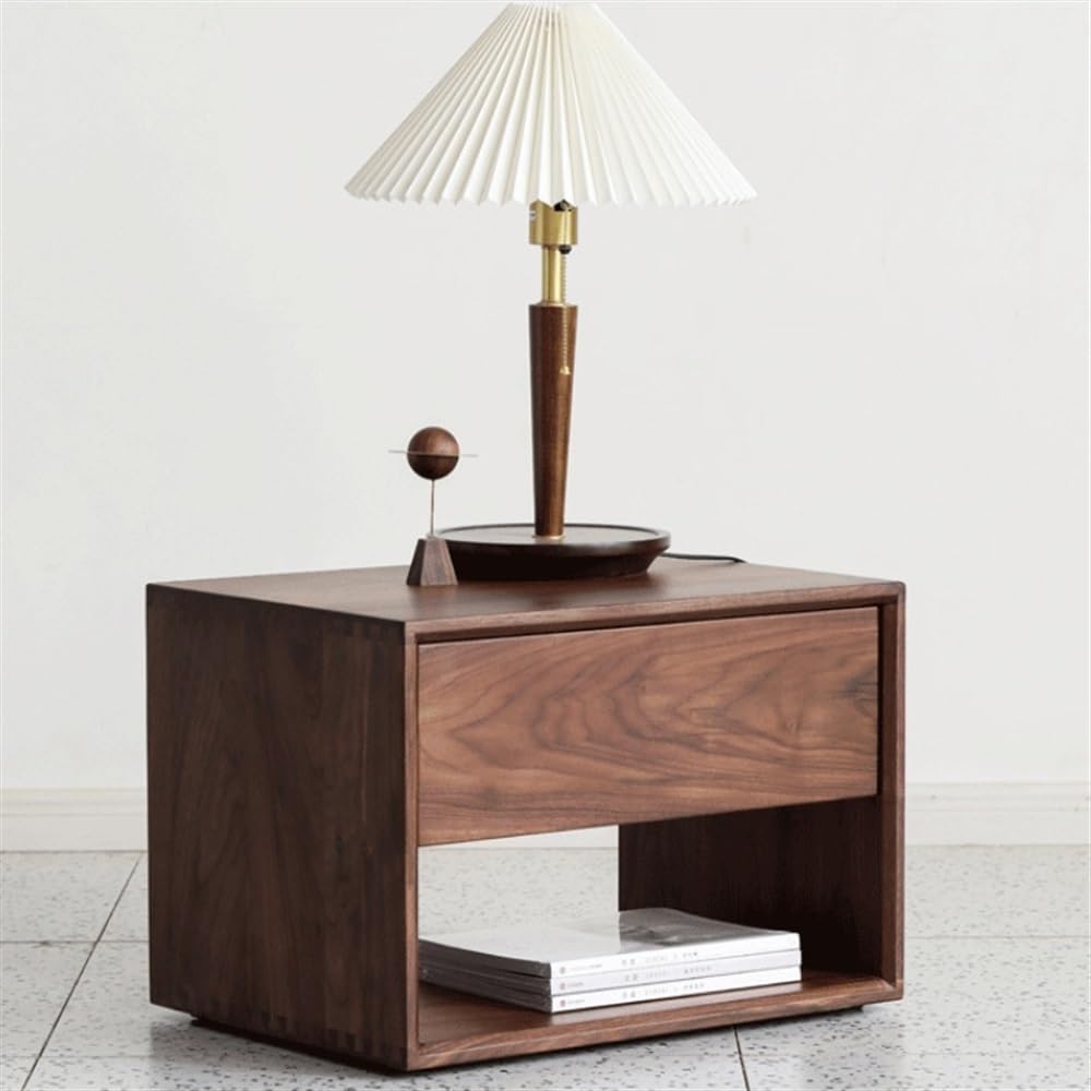 Mid-Century Modern Solid Wood Nightstand with Drawer, 2-Tier Bedside Table with Open Storage Shelf, Natural