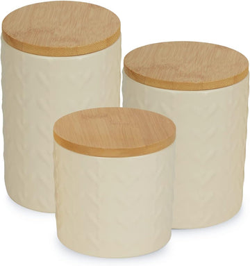 Kitchen Accessories Collection, Textured Matte Ceramic Canister Set, Antique White, Vine - Set of 3