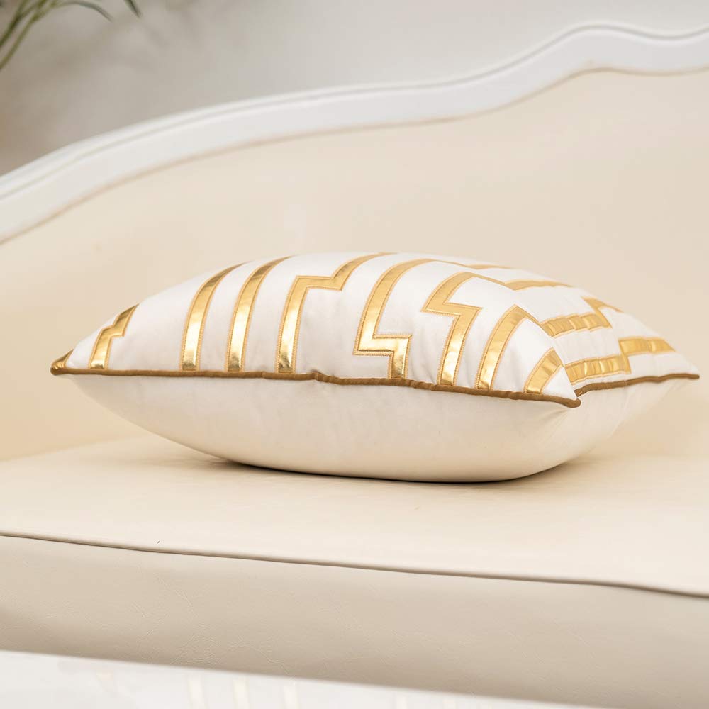 Gold Leather Striped White Throw Pillow Cover 20x20 Inch, Geometric Luxury Decorative Embroidered Velvet Pillow Cover