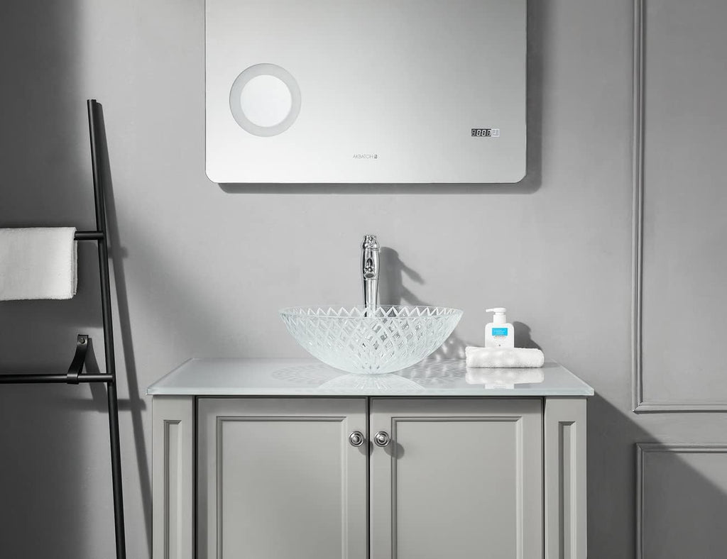 Tempered Deco Glass Luxuryhome Bathroom Sink in Crystal engraving Elegant | Top Mount Basin | Vanity Countertop Sink